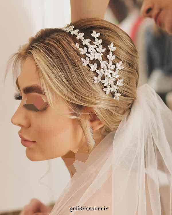 مدل شینیون عروس با تاج و تور