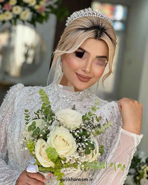 مدل شینیون عروس با تاج و تور