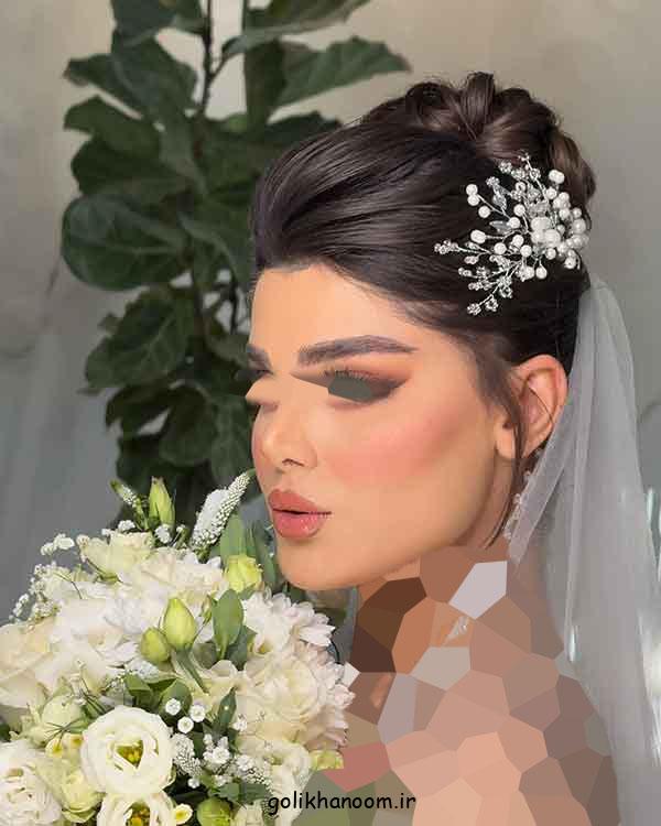 مدل شینیون عروس با تاج و تور