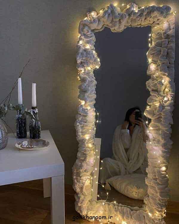 ایده تزیین آینه قدی، 30 مدل با وسایل دور ریختنی (با نقاشی, فانتزی, گل, چراغ, ریسه)