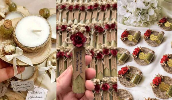 تزیین حنای خشک برای مهمانها؛ 30 طرح برای هدیه دادن کیسه‌ توری، ظروف شیشه‌ای 