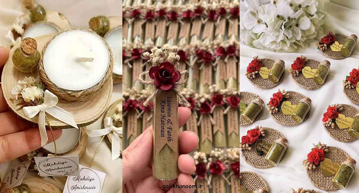 تزیین حنای خشک برای مهمانها؛ 30 طرح برای هدیه دادن کیسه‌ توری، ظروف شیشه‌ای 